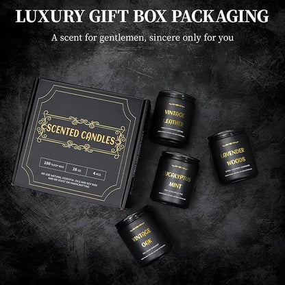 Scented Candles for Men, 4 Pack Mens Candle Set, Soy Candles for Home Scented, Masculine Candle for Him, 28oz, 200 Hours Burning Time Aromatherapy Candles of Lavender/Eucalyptus/Leather/Oak