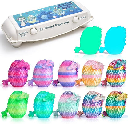 12PCS 3D Printed Dragon Eggs with Mini Dragons Inside – Sensory Fidget Toys for Adults & Kids, Eco-Friendly Egg Paper Packaging, Party Favors, Stress Relief Gifts (Series B)