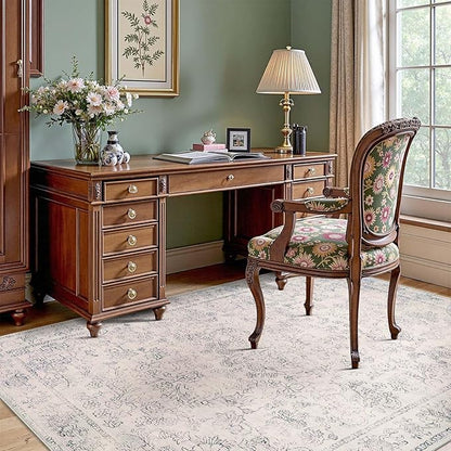 jinchan 5x7 Ivory Area Rugs for Living Room – Machine Washable Vintage Floral Soft Stain Resistant Low Pile Rug,Non Slip Ultra-Thin Carpet for Bedroom,Dining Room,Home Office,Nursery (5'x7',Ivory)