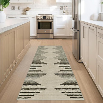 HelloTree Hallway Runner Rug，2x6 Moroccan Modern Stripe Carpet Washable Machine Bathroom Runner Bohemian Design Modern Soft Non Slip Indoor Rug for Entryway Hallway Laundry Room Bedroom-Cream