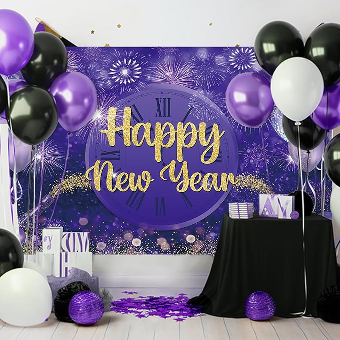 MEHOFOND Happy New Year Backdrop Purple 2025 New Year Eve Party Decorations Banner Supplies Shining Champagne Balloons Firework Photography Background New Years Eve Photo Studio Props 6 x 3.6 ft