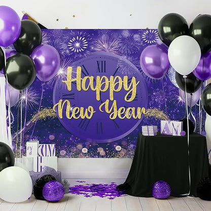 MEHOFOND Happy New Year Backdrop Purple 2025 New Year Eve Party Decorations Banner Supplies Shining Champagne Balloons Firework Photography Background New Years Eve Photo Studio Props 6 x 3.6 ft