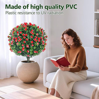 2 Set Artificial Rose Bushes for Outdoors, 27.6''H Artificial Boxwood Plants Outdoor with Spike, Faux Flowering Shrubs, UV Resistant Large Topiary Balll Trees for Porch Garden Yard Patio Decor