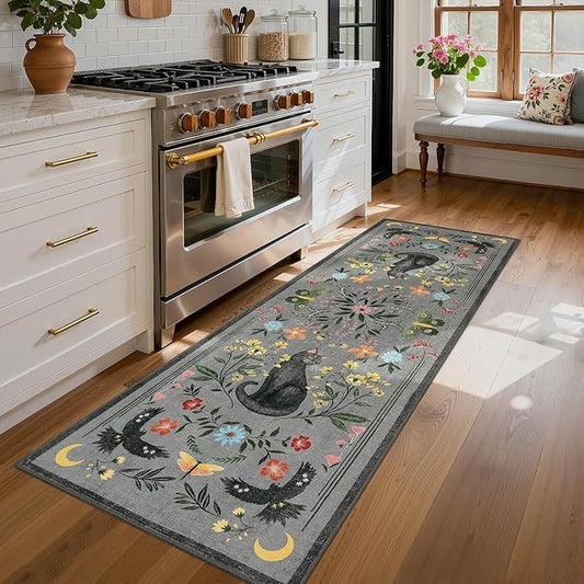 GarveeHome 2.5x8 Cat Washable Runner Rug for Hallway, Soft Grey Long Kitchen Runner Non Slip Mushroom Insect Entryway Rug Floral Laundry Mat Stain Resistant Carpet for Bathroom Beside Rug