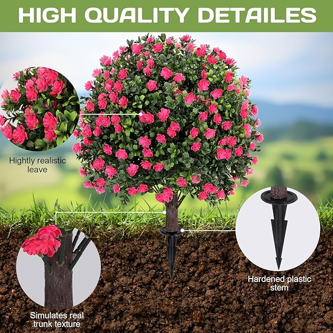 Artificial Pink Camellia Topiary Ball Tree 25" with Ground Spike, Set of 2 Artificial Boxwood Bushes for Faux Shrubs, Fake Evergreen Faux Plant for Indoor Outdoor Garden -UV Resistant–Fade-Proof