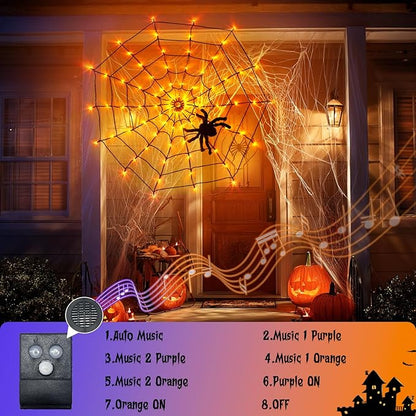 Vanthylit Halloween Decorations, Spider Web Lights Motion-Activated Sensor, 4FT 84LED Light Up Spider Web with Black Spider, Halloween Lights for Window Indoor Outdoor Horror Decor(Orange & Purple)