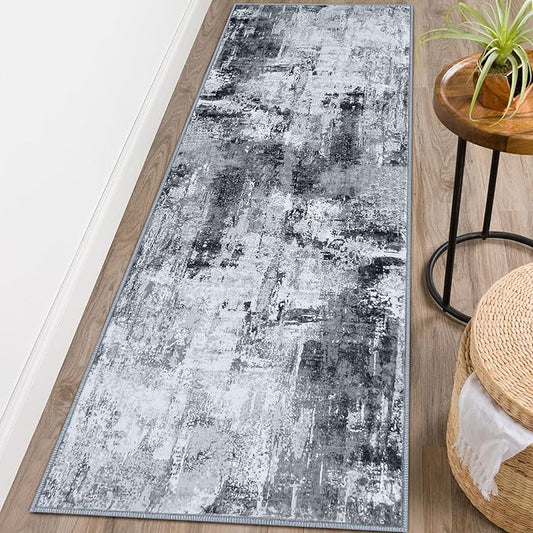 KOZYFLY Modern Abstract Runner Rug 2x6 Washable Grey/Black/Black Runners for Hallways Kitchen Runner Rug Non Slip Carpet Rug Runner Laundry Mat with Soft Low Pile for Entryway Bathroom Bedroom Kitchen