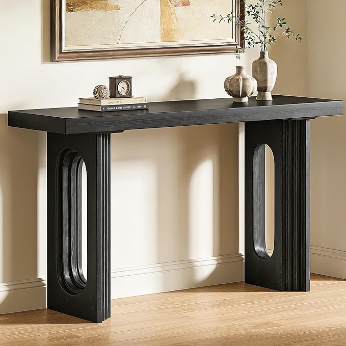 59.2" Entryway Table,Fluted Console Table Modern Farmhouse,Widen Sofa Tables Behind The Couch,Wooden Side Console Table Hollow Support Legs for Living Room/Hallway/Entry Way/Foyer Black