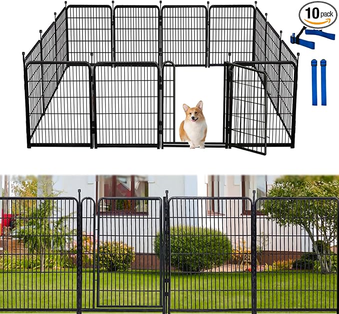 Tall Garden Fence Animal Barrier, 54 in(H) Dog Fences for The Yard, 10 Panels Total 22.1 Ft(L) Garden Edging Fence, 21 in Wide Low Threshold Gate, Temporary Fences for Dogs Outdoor