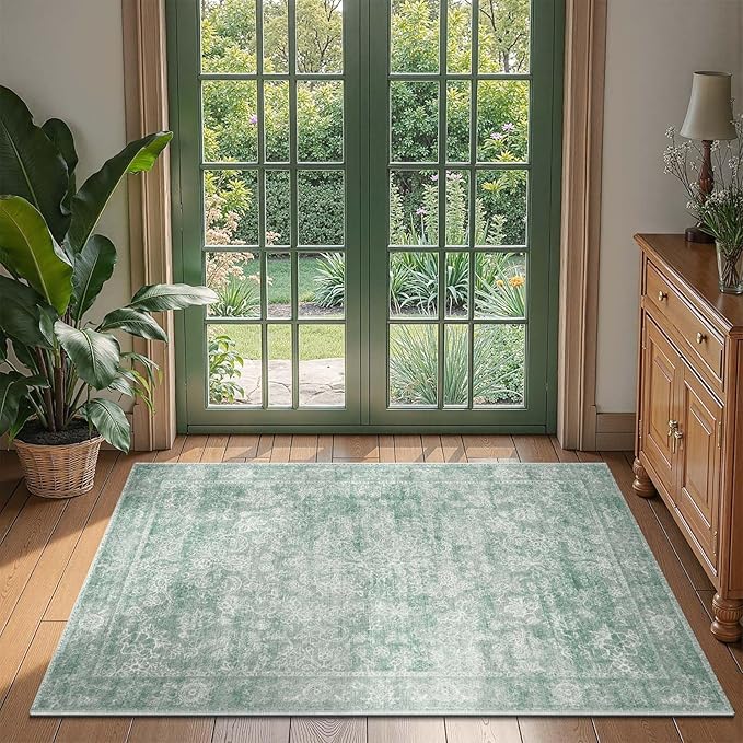 jinchan 3x5 Green Rugs for Entryway - Machine Washable Vintage Floral Ultra-Thin Low Pile Soft Throw Small Non-Slip Distressed Doormat Accent Rug for Entrance Bathroom Kitchen Bedroom (3'x5',Green)