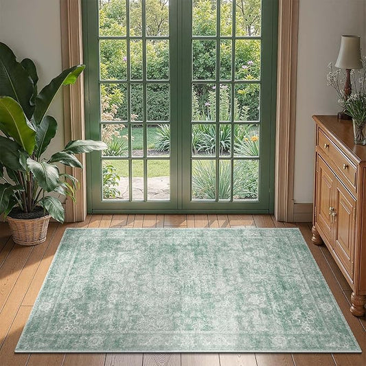 jinchan 3x5 Green Rugs for Entryway - Machine Washable Vintage Floral Ultra-Thin Low Pile Soft Throw Small Non-Slip Distressed Doormat Accent Rug for Entrance Bathroom Kitchen Bedroom (3'x5',Green)