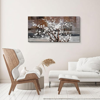 KLAKLA Wall Art for Living Room Large Modern Wall Decor Canvas Paintings for Wall Decorations White Flower on Brown Background Bedroom Office Artwork Plum Blossom Art Prints Framed 20x40