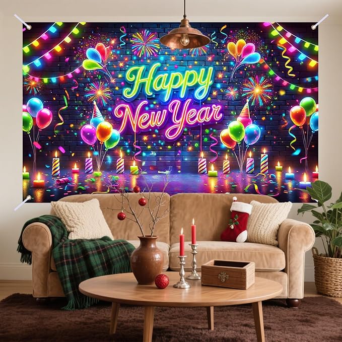 Nuxovilar Happy New Year Banner, Colorful Fireworks Neon Lights Backdrop for Party Decorations, 71x43 Inch