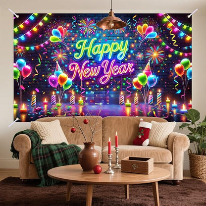 Nuxovilar Happy New Year Banner, Colorful Fireworks Neon Lights Backdrop for Party Decorations, 71x43 Inch