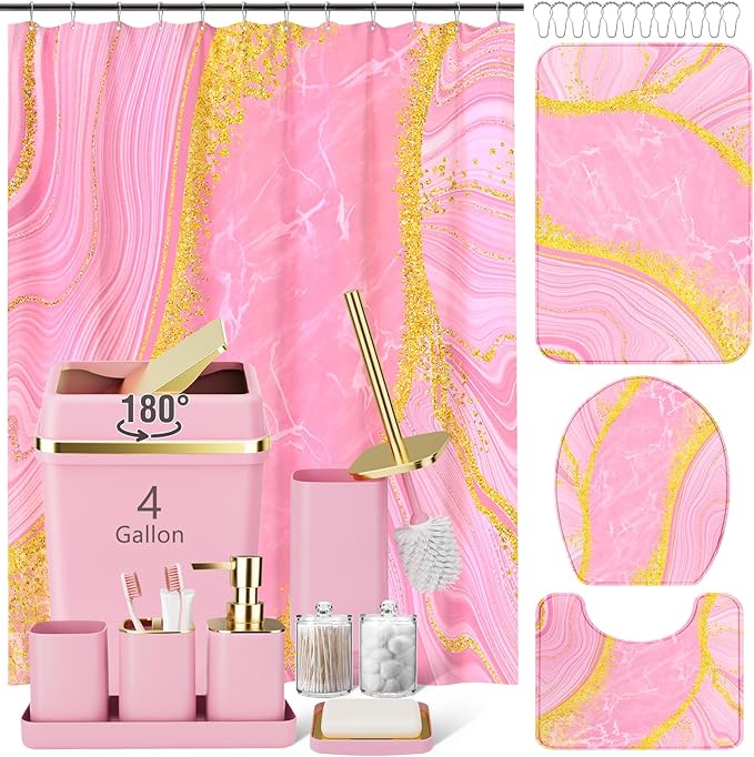 25PCS Bathroom Accessory Set, Pink Bathroom Set with Large-Capacity 4 Gallon Trash Can,Bathroom Rugs Set, Waterproof Shower Curtain, Toilet Brush, Toothbrush Holder & Soap Dispenser