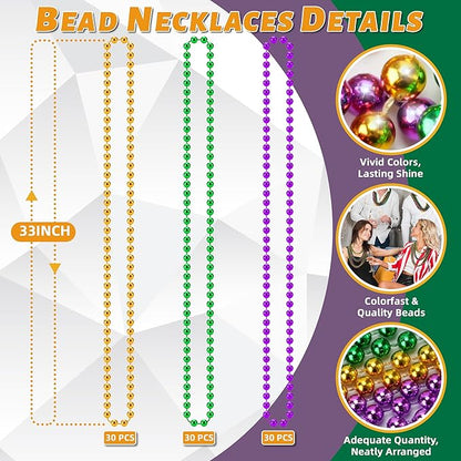 120 PCS Mardi Gras Beads Necklaces, Gold Green Purple Metallic Bead Necklaces 33” Mardi Gras Beads Necklaces Accessories Bulk Party Beads Necklaces for Mardi Gras Party, Throw Beads Party Favors