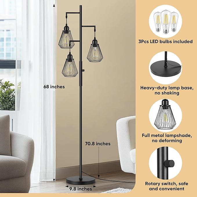 QiMH Industrial Floor Lamps for Living Room, Tree Standing Lamp with Stepless Dimmable, 68" Modern Tall Stand up Lamps for Bedroom Study Office, E26 Socket, 3 LED Bulb Included, Black