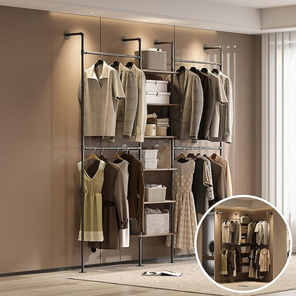 Industrial Pipe Clothing Rack, Wall-Mounted Clothes Rack with Shelf Wood Hanging Organizer, Space Saving Corner or Straight Design for Retail Store, Bedroom, Closet