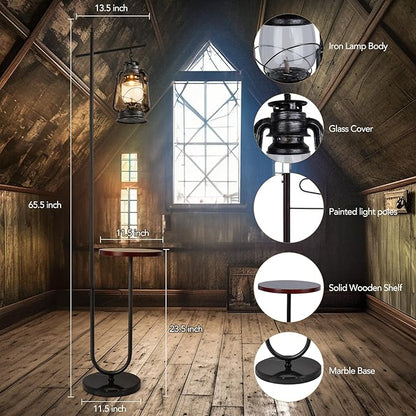 Vintage Floor Lamp with Table,Classical Lantern Standing Rustic Farmhouse Nightstand Hanging Arc Floor Lamp with Black Silver Finish,for Living Room,Bedroom,Reading Room(Silver)