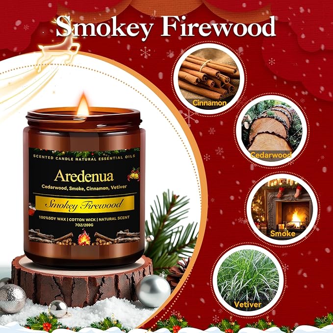 Firewood Scented Candles | Smokey Wooden Scented Candles - 7 oz Soy Candle with Warm Wood Smoke Aroma, Woody Scented Ideal for Cozy Cabin, Holiday Gifts for Men & Women