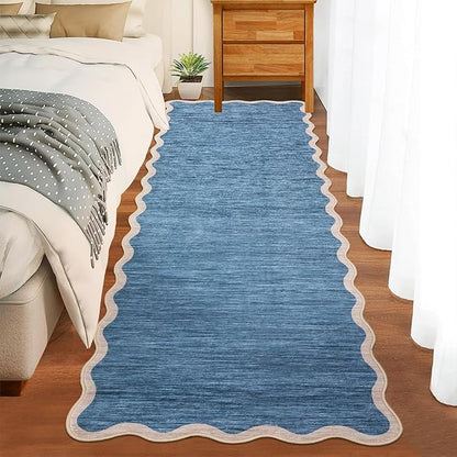 GarveeHome Scalloped Washable Runner Rugs 2x6 Rug Runner Modern Non Slip Kitchen Rugs Indoor Entryway Rug Farmhouse Soft Bath Mat Stain Resistant Carpet for Bedroom Hallway Laundry 2 ft x6 ft Blue