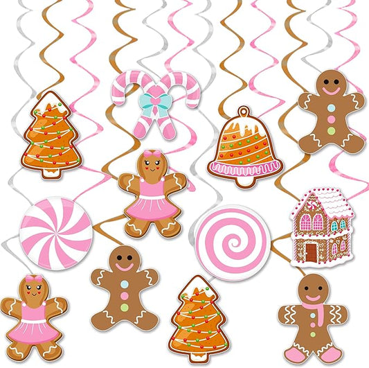 Christmas Gingerbread Man Party Hanging Swirl Decorations 20PCS Pink Merry Gingerbread House Christmas Tree Ceiling Decor Xmas Candy Hanging Streamers for Girls Winter Holiday Party Supplies