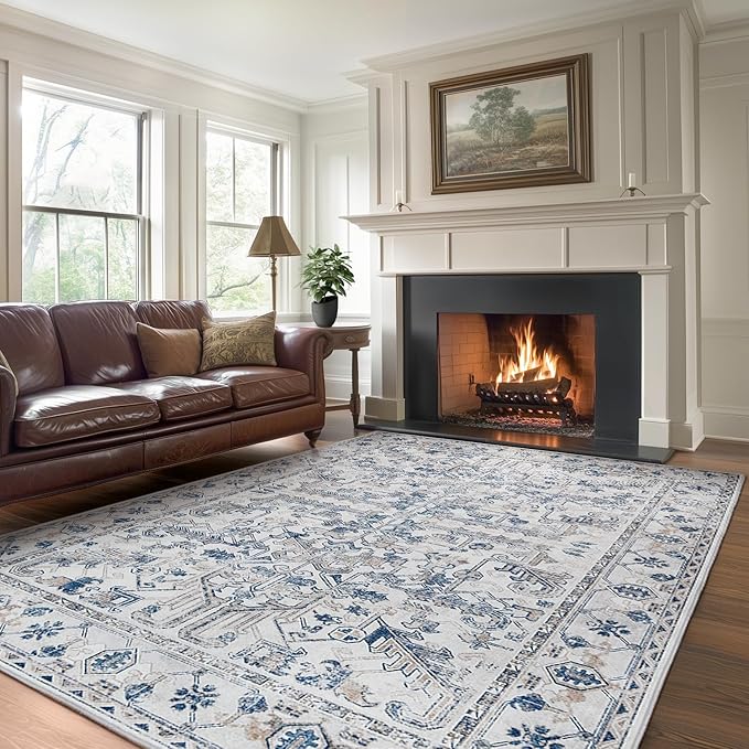jinchan 8x10 Machine Washable Area Rugs for Living Room - Vintage Floral Stain Resistant Low Pile Ultra-Thin Non Slip Accent Rug for Bedroom Kitchen Dining Room Home Office (8x10ft,Blue)