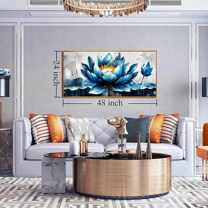 Ouzzlie Lotus Wall Art Blue Wall Decor Flower Painting Gray Canvas for Bedroom Modern Art 24" x 48"