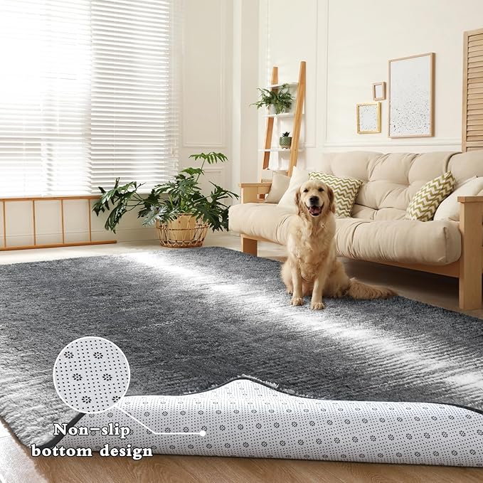 DweIke Luxury Fluffy Kids Rugs for Living Room Bedroom, 4x6 Feet Shaggy Grey and White Area Rug for Girls Boys, Upgrade Plush Non-Slip and Washable Colorful Fuzzy Carpet for Dorm Nursery Decor
