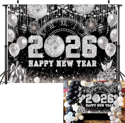 8x6ft Happy New Year 2026 Black Silver Backdrop 2026 New Year Eve Countdown Photo Background Cheer to 2026 Party Decoration Banner Photo Supplies