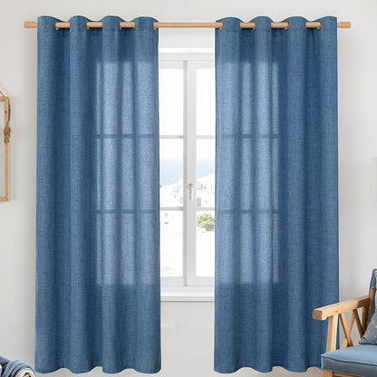 YoungsTex Dark Blue Linen Curtains 68 Inch Length for Living Room, Navy Semi Sheer Drapes Light Filtering with Bronze Grommet Privacy for Bedroom Decorative, 52 x 68 Inch, 2 Panels
