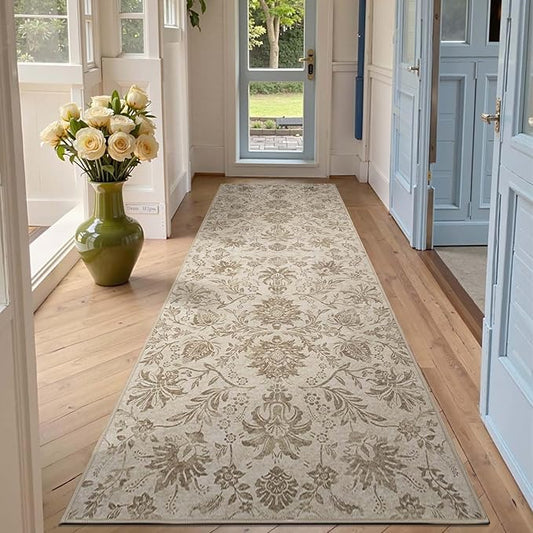 jinchan Runner Rugs 3x8, Vintage-Inspired Floral Neutral Design Machine Washable Non-Slip Ultra-Thin Low-Pile Rubber Backing Traditional Rug for Kitchen Hallway Laundry Room Entryway Taupe