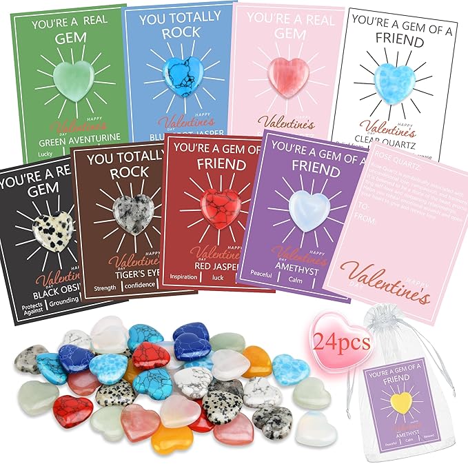 24 Pack Valentine’s Day Gifts for Kids, Valentine’s Day Cards with Heart-Shaped Crystal Gemstones for School Classroom Exchange, Valentine Party Favors&Goody Bag Fillers for Girls and Boys Ages 4–12