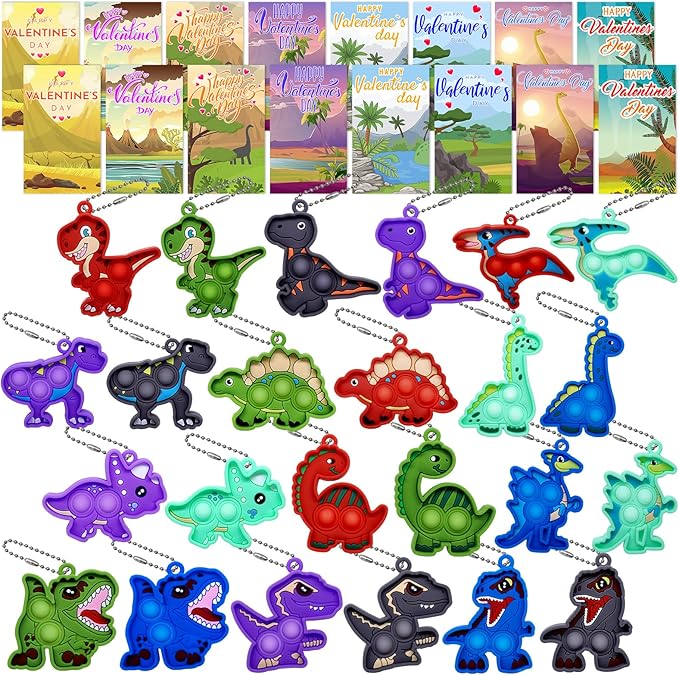 Kiss Monkey Valentines Day Gifts for Kids, Valentines Cards for Kids Classroom with Dinosaur Pop Fidget Toys, School Exchange Gifts for Boys Girls, Class Valentines Party Favors Goodie Bag Stuffers