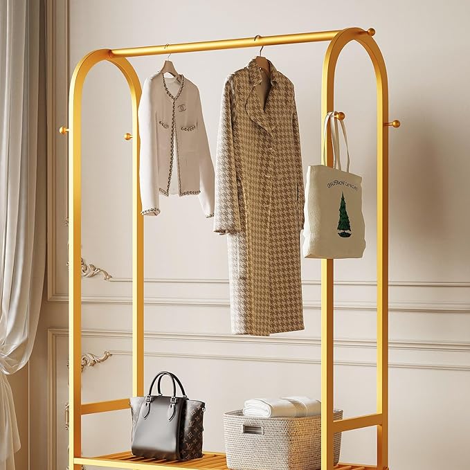 Gold Clothing Rack,Heavy duty clothes rack with 2-tier Bottom Shelves, Garment Rack with 6 Side Hooks for Hanging Clothes, Coats, Shirts (gold, 31.5in)