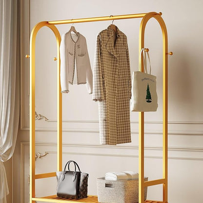 Gold Clothing Rack,Heavy duty clothes rack with 2-tier Bottom Shelves, Garment Rack with 6 Side Hooks for Hanging Clothes, Coats, Shirts (gold, 31.5in)