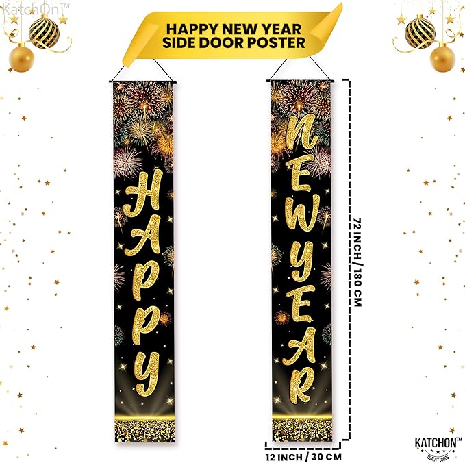 KatchOn, XtraLarge Happy New Year Banner 2026-72x12 Inch | Happy New Year Door Banner for Black and Gold New Years Decorations 2026 | Front Porch Sign, New Years Eve Party Supplies 2026 | NYE Decor