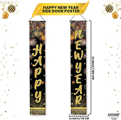 KatchOn, XtraLarge Happy New Year Banner 2026-72x12 Inch | Happy New Year Door Banner for Black and Gold New Years Decorations 2026 | Front Porch Sign, New Years Eve Party Supplies 2026 | NYE Decor