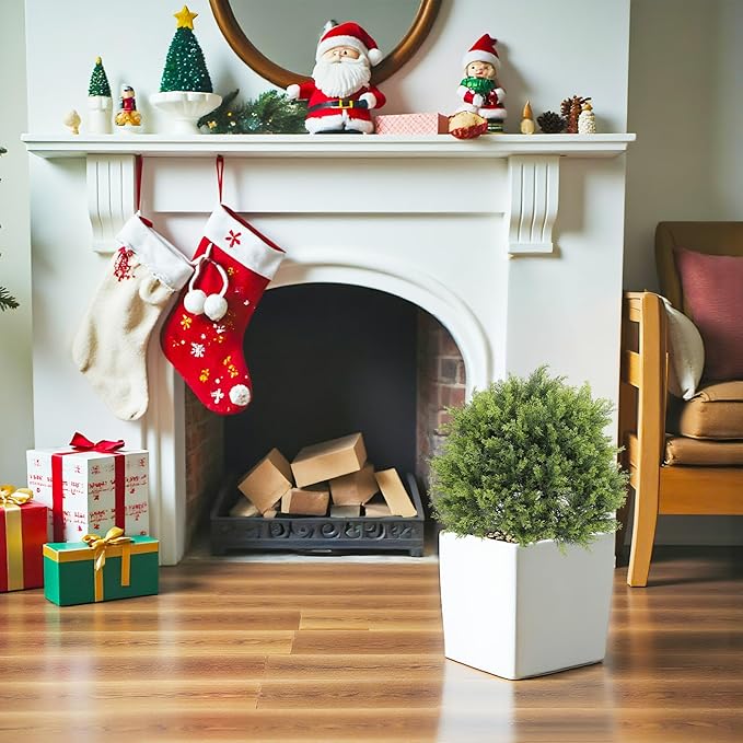 THE BLOOM TIMES 2ft Artificial Christmas Cedar Topiary Ball Trees Outdoor, 24" UV Resistant Faux Potted Plants Outside, Fake Greenery Bushes and Shrubs for Front Porch Planter Set of 2