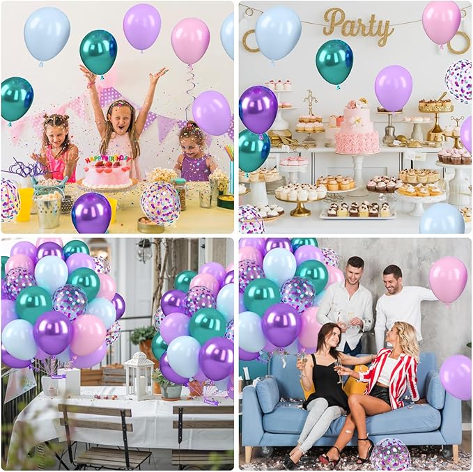 Mermaid Balloons, 12 Inch Pastel Purple and Teal Balloons, Pink Metallic Teal Purple Confetti Balloon Latex Balloon for Girls Mermaid Theme Princess Birthday Baby Shower Party Decorations