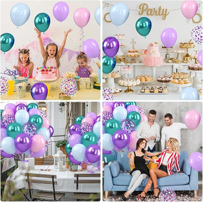 Mermaid Balloons, 12 Inch Pastel Purple and Teal Balloons, Pink Metallic Teal Purple Confetti Balloon Latex Balloon for Girls Mermaid Theme Princess Birthday Baby Shower Party Decorations