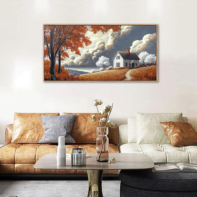 QZQCBLC Farmhouse Wall Art, White Clouds Orange Trees Landscape Pictures Rustic Cabin Painting Framed Artwork for Living room Bedroom Bathroom Home Office Decor 20x40 IN