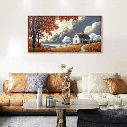 QZQCBLC Farmhouse Wall Art, White Clouds Orange Trees Landscape Pictures Rustic Cabin Painting Framed Artwork for Living room Bedroom Bathroom Home Office Decor 20x40 IN