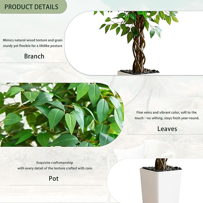 Artificial Ficus Tree 6FT Faux Plants Indoor Tall Fake Plants with White Tall Planter, Green Lifelike Lush Fake Ficus Tree for Home Living Room Bedroom Outdoor Balcony House Office Decor