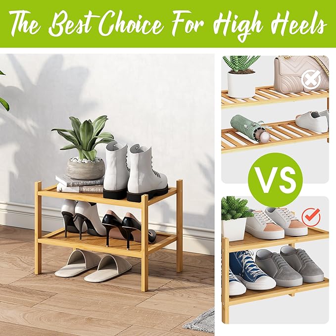 BMOSU 2-Tier Bamboo Small Shoe Rack Premium Stackable Shoe Shelf Storage Organizer for Hallway Closet Living Room Entryway Organizer(Natural)