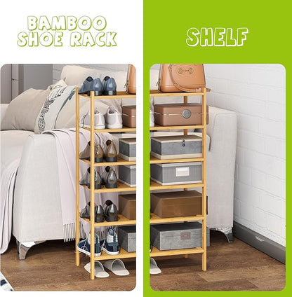 BMOSU 6-Tier Bamboo Small Shoe Rack Premium Stackable Shoe Shelf Storage Organizer for Hallway Closet Living Room Entryway Organizer(Natural)