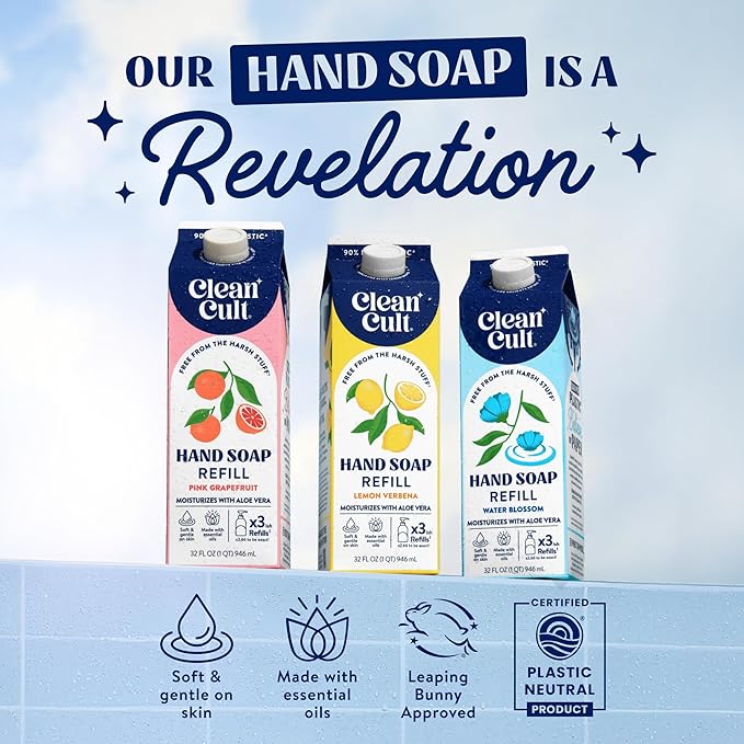 Cleancult Liquid Hand Soap Refill - Pink Grapefruit- Moisturizes Dry & Sensitive Skin - Made with Aloe Vera & Essential Oils - Eco Friendly - Paper-Based Packaging - 32 oz/3 Pack