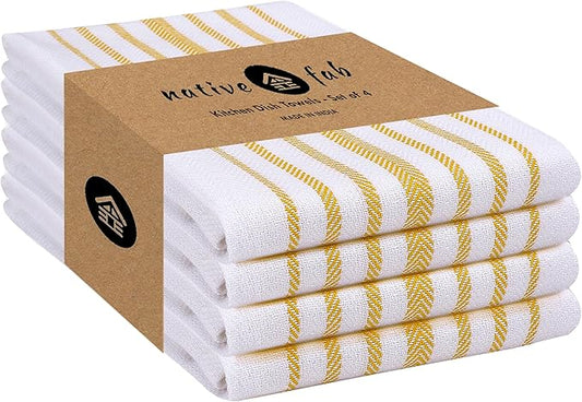 Native Fab Yellow Stripe Kitchen Dish Towels 16"x26" Set of 4 - Herringbone Weave Scandia Striped 100% Cotton Dish Cloths for Washing Dishes, Absorbent Hand Towels - Yellow White