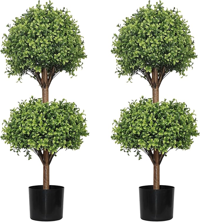 THE BLOOM TIMES 40" Tall Artificial Boxwood Double Ball Topiary Trees, UV Resistant Large Fake Potted Plants for Outdoor Planter, Realistic Faux Bushes Shrubs for Front Porch Outside Decor Set of 2
