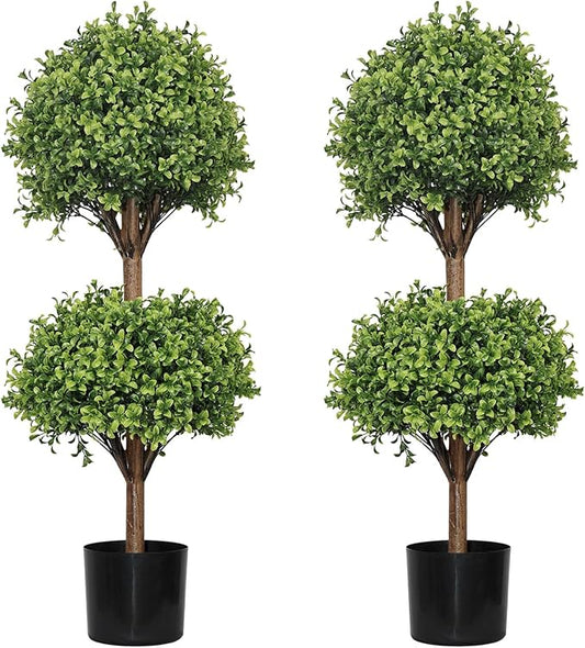 THE BLOOM TIMES 40" Tall Artificial Boxwood Double Ball Topiary Trees, UV Resistant Large Fake Potted Plants for Outdoor Planter, Realistic Faux Bushes Shrubs for Front Porch Outside Decor Set of 2